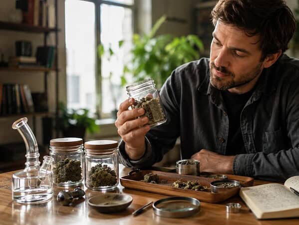 Adult enthusiast exploring cannabis as a hobby with flower jars, accessories, and a notebook at home.