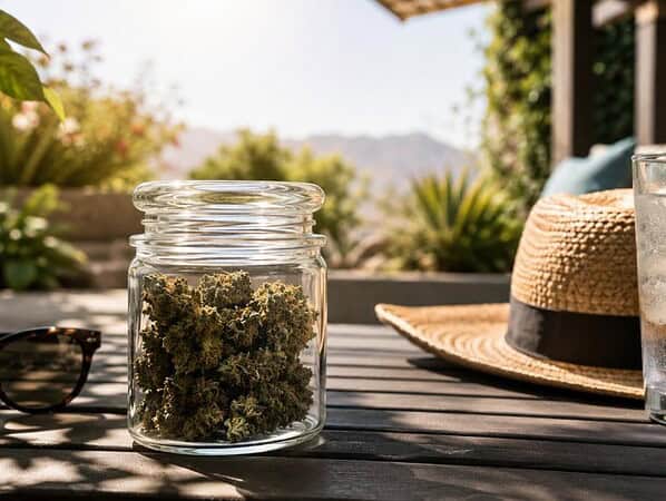 cannabis flower in a glass jar on a shaded summer patio table, showing a warm-weather setting without direct sun exposure.