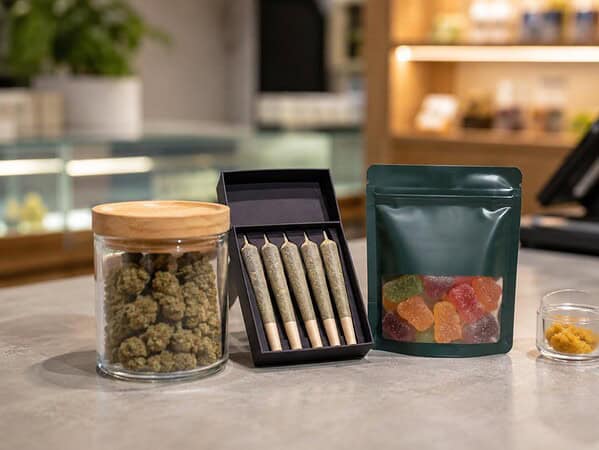 Photo-realistic display of different cannabis product types on a dispensary counter, including flower, pre-rolls, gummies, and concentrates.