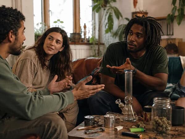 Adult friends having a lively conversation during a casual smoke session, illustrating weed debates in cannabis culture