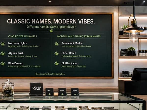 cannabis strain names displayed on a photorealistic dispensary menu with classic and funny modern strain names