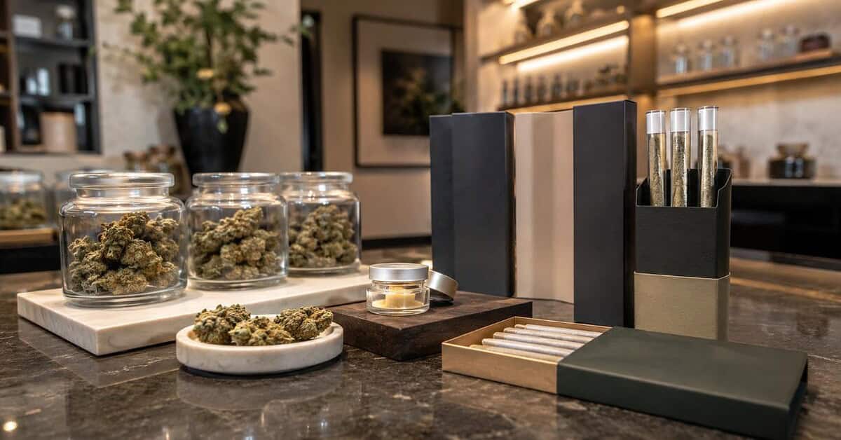modern dispensary display featuring premium cannabis flower, rosin, and pre-rolls in upscale packaging.