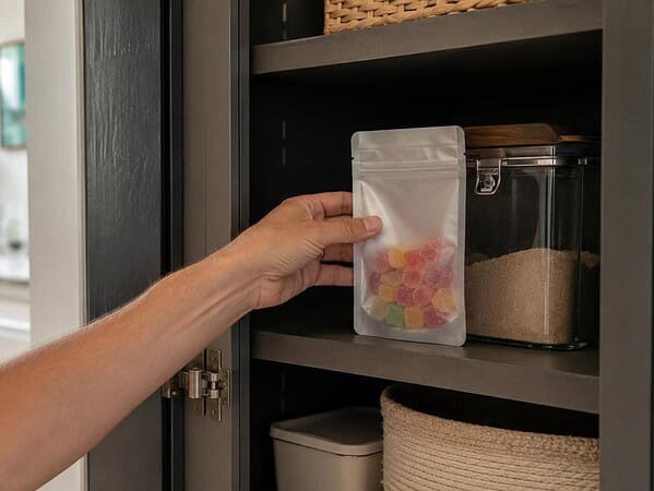 Adult hand placing a sealed container of THC gummies into a cool kitchen cabinet, illustrating how to store THC gummies during summer