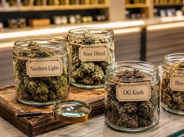 Retro cannabis strains displayed in open glass jars on a modern dispensary counter, highlighting familiar flower varieties and distinct bud characteristics.