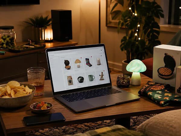 shopping while high with snacks, online cart, and cannabis lifestyle humor