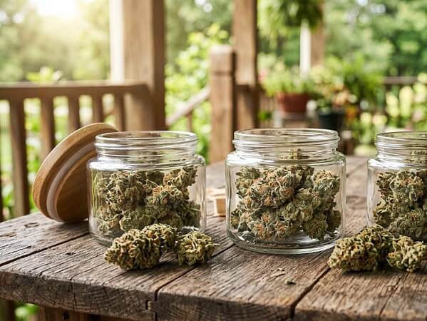 Three glass jars filled with sun-grown weed on a rustic wooden table outdoors.