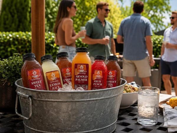 THC drinks chilled on a summer cookout table with adult guests relaxing in the background.