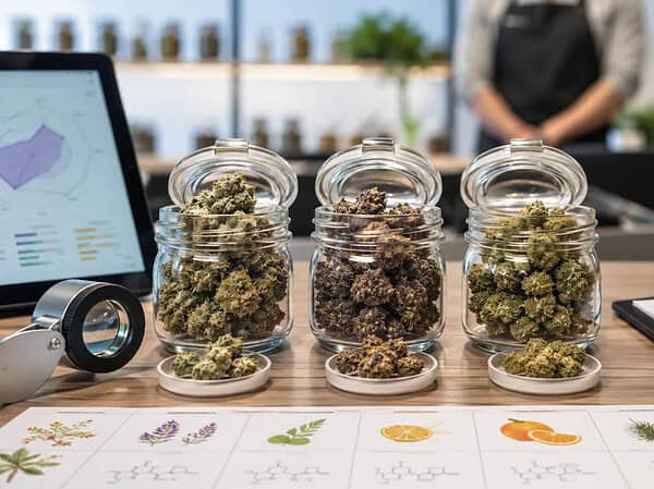 cannabis flower jars and testing details on a dispensary counter, illustrating the difference between terpene profile and THC percentage.