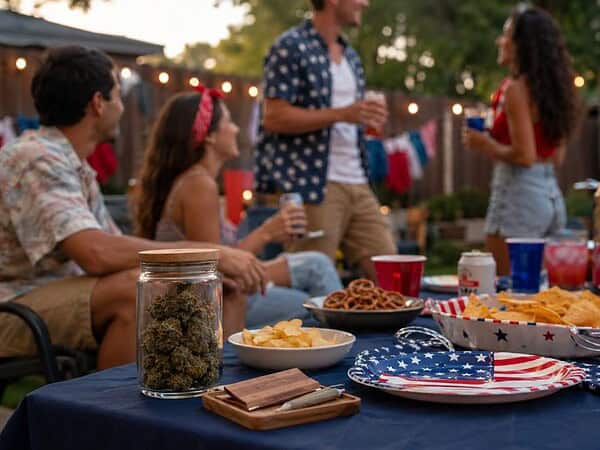Weed for Fourth of July at a backyard cookout with snacks, drinks, and legal cannabis on a patio table