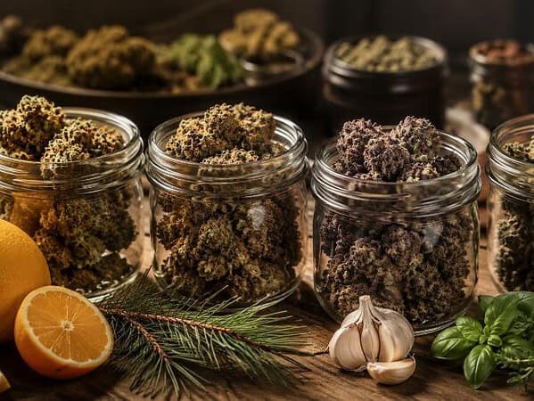 Cannabis aroma shown through modern weed flower jars with distinct colorful strain varieties
